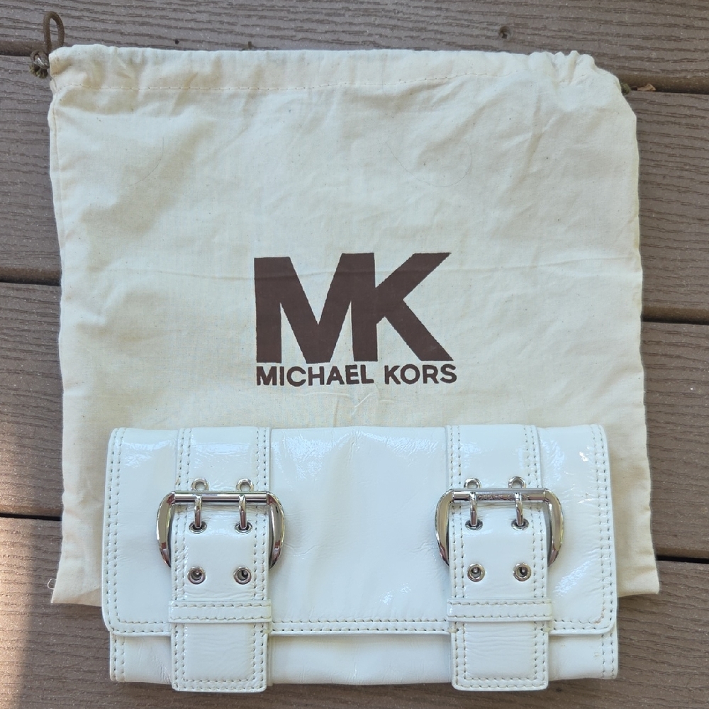 Michael Kors Glossy White Clutch with Buckle Detail